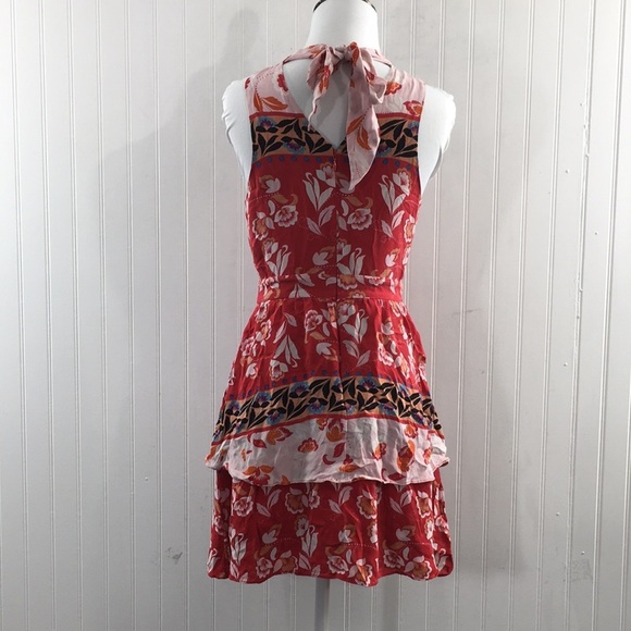 Parker Red Pink Floral Aurora Fit & Flare Silk Dress Womens 0 Boho Patchwork - Picture 4 of 11